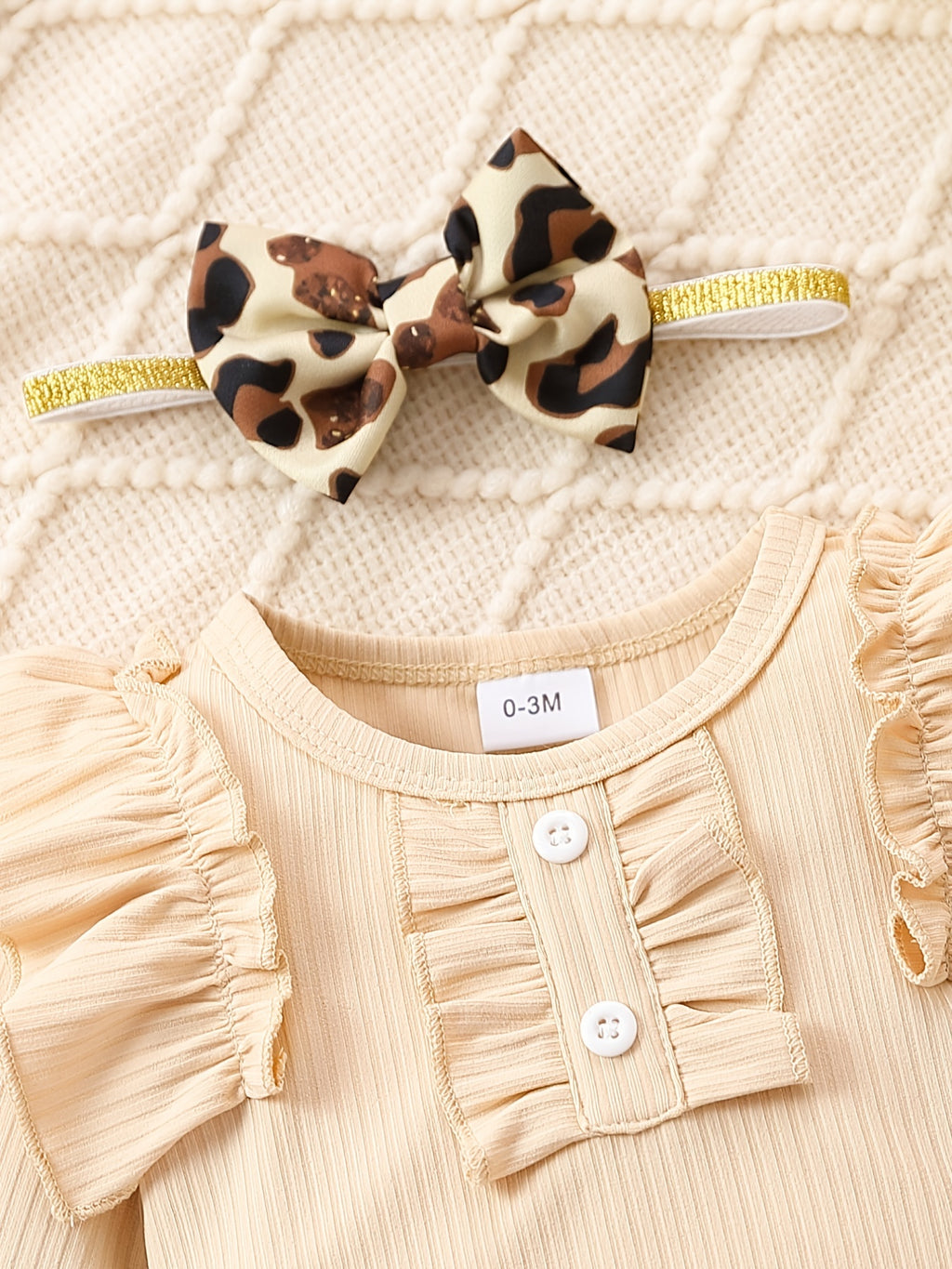 Cute Baby 3pcs Outfits - Floral/leopard Pants & Ruffle Long Sleeve Infant Romper & Headband Set Outdoor Set